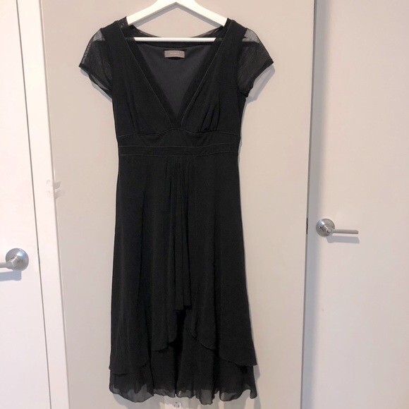 Black Swing Dress Jacqui E Australia Mesh Flowy Midi V-Neck Tulle LBD Small - Picture 2 of 8